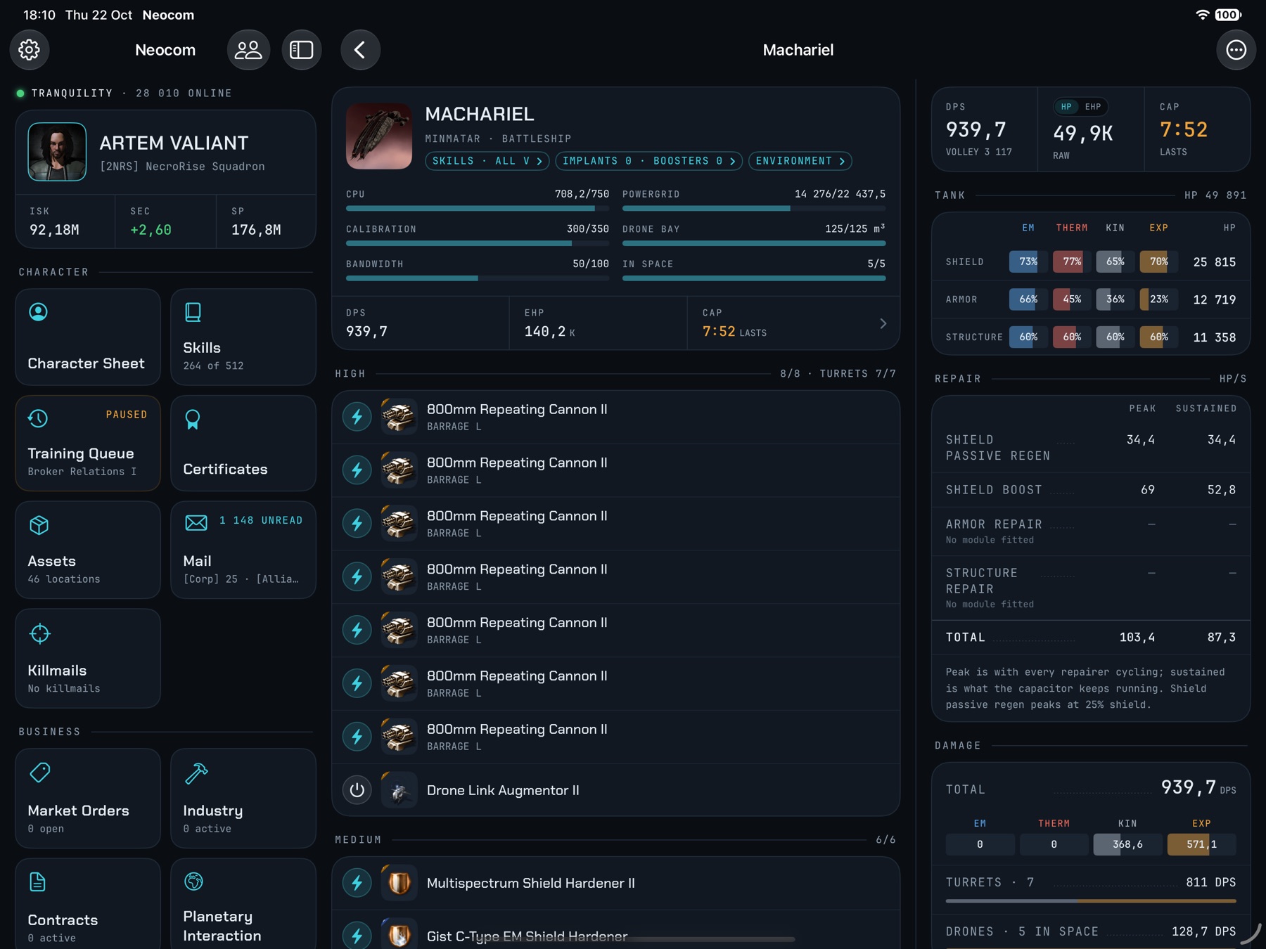 Neocom on iPad: the fitting editor for a Machariel with the sidebar, slots, tank, repair and damage stats