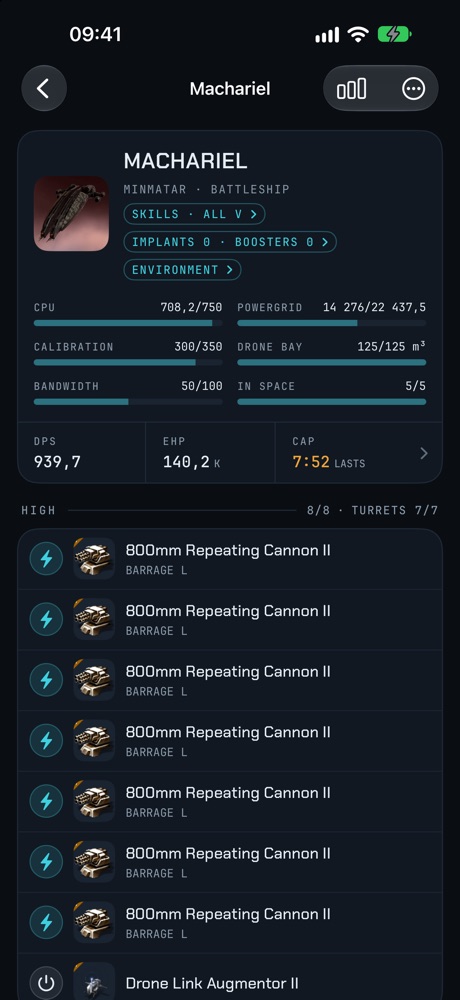 Fitting editor on iPhone: Machariel with resources, 939.7 DPS, 140.2k EHP, capacitor lasting 7:52 and high slots with 800mm Repeating Cannon II