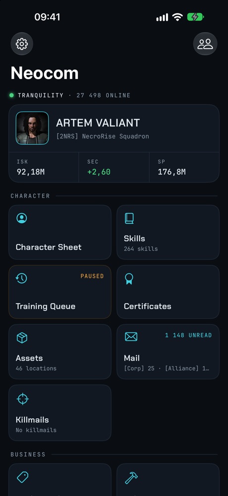 Neocom on iPhone: the home screen with server status, the pilot card and section tiles