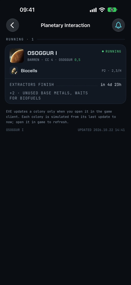 Planetary colony card on iPhone: planet, Biocells (P2, 2.3/h), extractors finishing in 4d 23h and a warning about unused materials