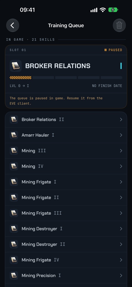 Training queue on iPhone: the current skill with progress and the rest of the in-game queue
