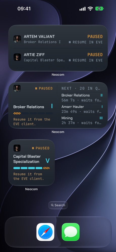 Home Screen widgets on iPhone showing several pilots' skill queues in small, medium and wide sizes